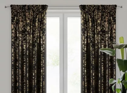 Zasłona na taśmie 140x270 FELIS welwetowa czarna z nadrukiem drobnych listków