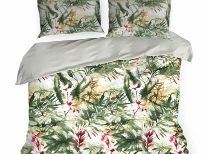 Pościel satynowa 160x200 SPRING 43 biała z nadrukiem egzotycznych zielonych liści