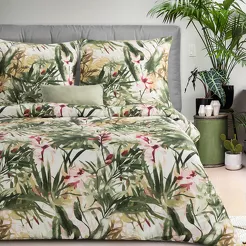 Pościel satynowa 160x200 SPRING 43 biała z nadrukiem egzotycznych zielonych liści