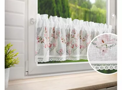 Zazdrostka gotowa w tunelu 150x30 AMELIA biała z etaminy z wzorem różowych kwiatów magnolii i bawełnianą koronką