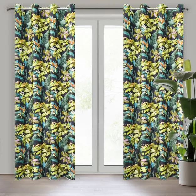 Zasłona na przelotkach 140x250 LIVY welwetowa czarna zielona z nadrukiem liści i kwiatów Design 91