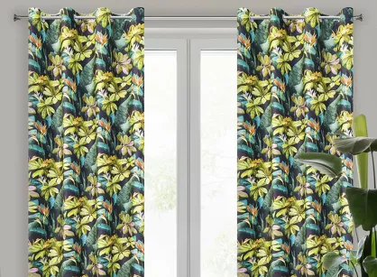 Zasłona na przelotkach 140x250 LIVY welwetowa czarna zielona z nadrukiem liści i kwiatów Design 91