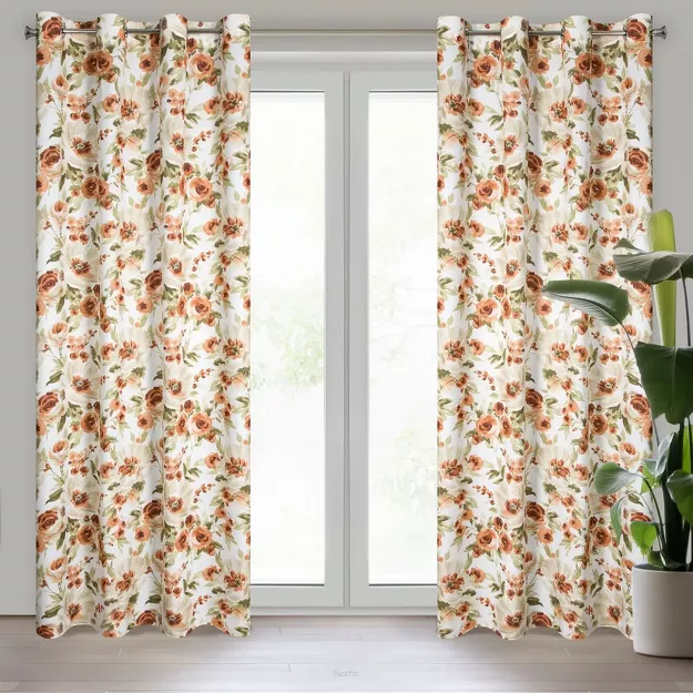 Zasłona na przelotkach 140x250 MILA biała z mikrofibry z nadrukiem malarskich rudych kwiatków