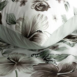 Pościel satynowa 160x200 SPRING 67 biała stalowo miętowy wzór roślinny - 2