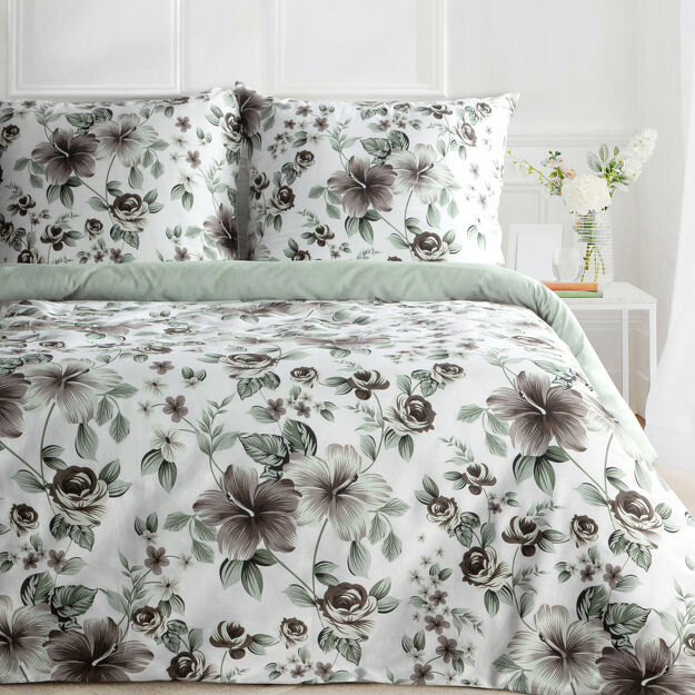 Pościel satynowa 160x200 SPRING 67 biała stalowo miętowy wzór roślinny