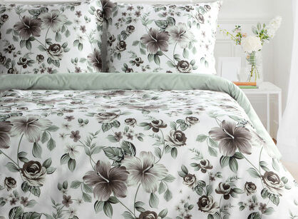 Pościel satynowa 160x200 SPRING 67 biała stalowo miętowy wzór roślinny