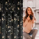 Zasłona gotowa na taśmie 140x270 SELENA welwetowa czarna z nadrukiem kwiatu jabłoni - 2
