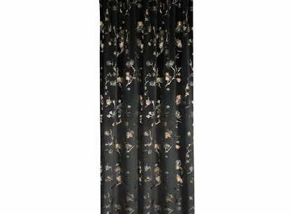 Zasłona gotowa na taśmie 140x270 SELENA welwetowa czarna z nadrukiem kwiatu jabłoni