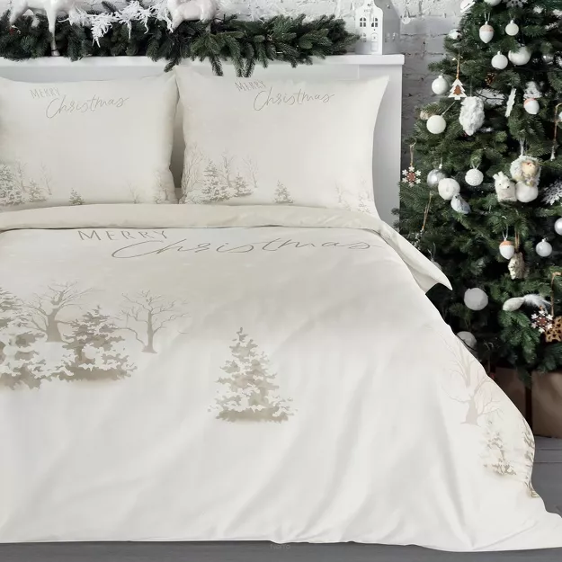Pościel świąteczna 160x200 SNOWFLAKE jasny beż zimowa sceneria z mikrowłókna