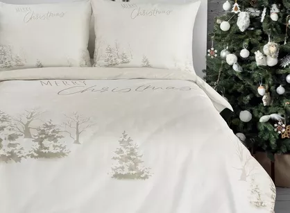 Pościel świąteczna 160x200 SNOWFLAKE jasny beż zimowa sceneria z mikrowłókna