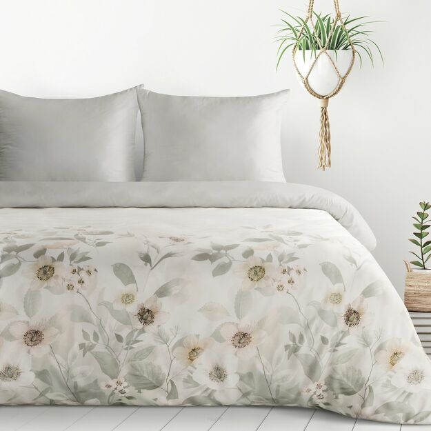 Pościel z mikrowłókna 140x200 ELIA biała srebrna wzór kwiatowy Design 91