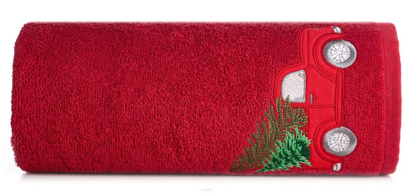 Ręcznik świąteczny 50x90 SANTA 22 czerwony w autko z choinką