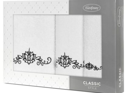 Komplet ręczników 3 szt. LILIANA białe z haftowanym czarnym wzorem kwiatu lilii wodnej w kartonowym pudełku