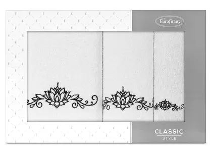 Komplet ręczników 3 szt. LILIANA białe z haftowanym czarnym wzorem kwiatu lilii wodnej w kartonowym pudełku