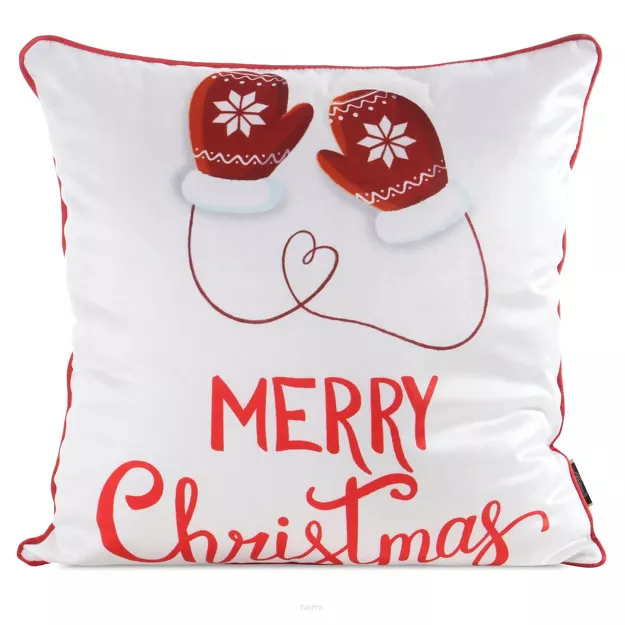 Poszewka świąteczna 45x45 189 welwetowa biała z czerwonym wzorem świątecznym