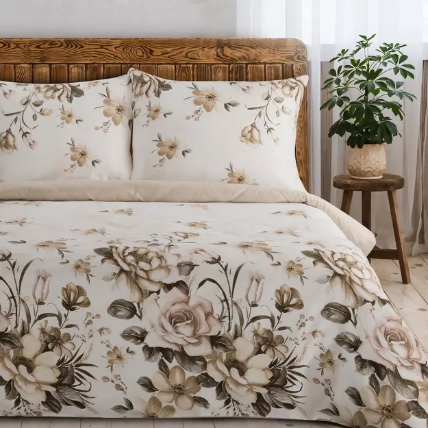 Pościel satynowa 220x200 SPRING 41 kremowa z pudrowym nadrukiem kwiatów