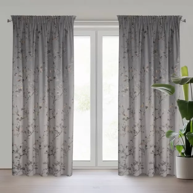 Zasłona na taśmie 140x270 SELENA welwetowa srebrna z nadrukiem kwiatu jabłoni