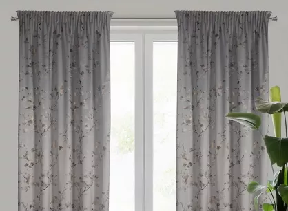 Zasłona na taśmie 140x270 SELENA welwetowa srebrna z nadrukiem kwiatu jabłoni