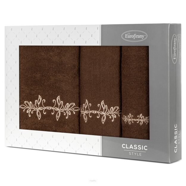 Komplet ręczników 3 szt. KAMELIA brązowe z haftowanym beżowym wzorem delikatnych listków w kartonowym pudełku