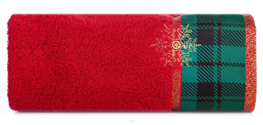 Ręcznik świąteczny 50x90 CHERRY 1B ciemna czerwień z bordiurą w kratkę i wyhaftowaną gwiazdką złotą