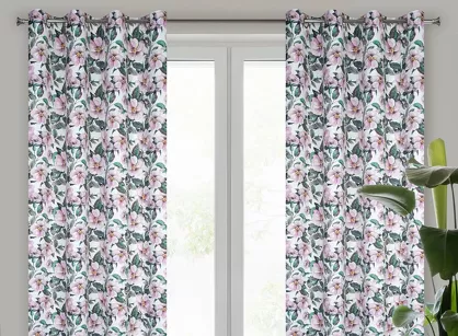 Zasłona na przelotkach 140x250 SIMONA biała fioletowa zaciemniająca z wzorem botanicznym