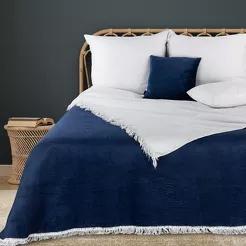 Koc bawełniany 220x240 AKRYL 29E biały granatowy dwustronny z frędzlami