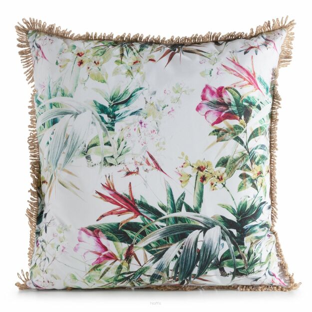 Poszewka na taras 45x45 GARDEN 31 biała wodoodporna zielony motyw kwiatowy z frędzlami