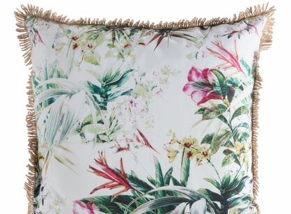 Poszewka na taras 45x45 GARDEN 31 biała wodoodporna zielony motyw kwiatowy z frędzlami