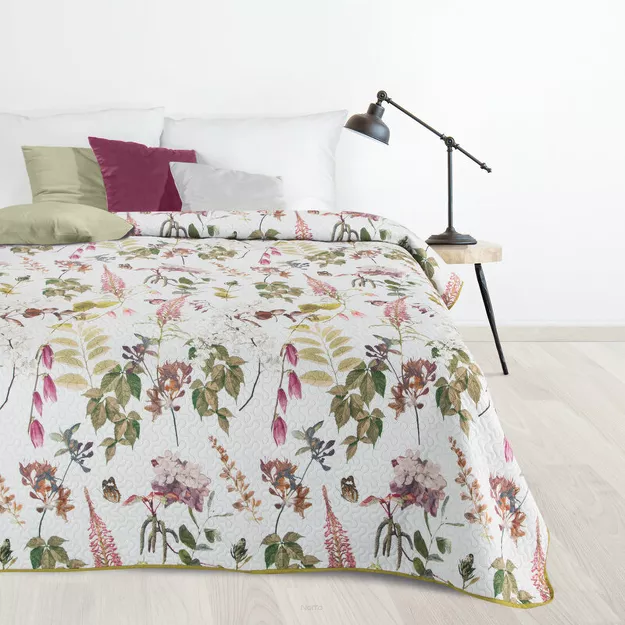 Narzuta pikowana 170x210 ROSA biała zielona z motywem kwiatów i liści Design 91