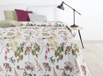 Narzuta pikowana 170x210 ROSA biała zielona z motywem kwiatów i liści Design 91