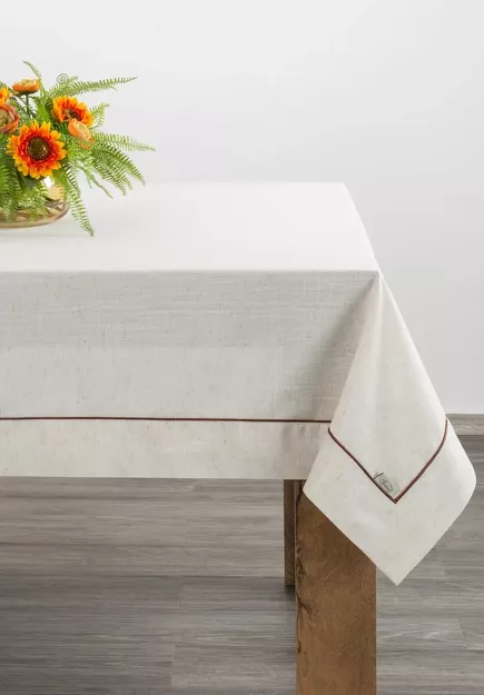 Obrus lniany 140x220 NATU 9 naturalny zdobiony szerokim mankietem z brązową lamówką