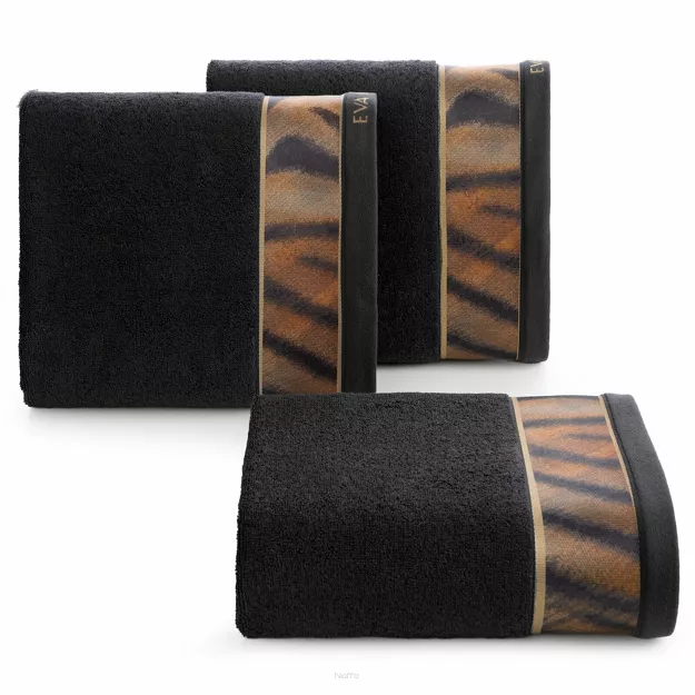 Ręcznik 50x90 EVA 23 Eva Minge czarny z drukowaną bordiurą z wzorem zwierzęcym