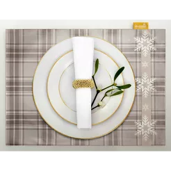 Serwetka świąteczna na stół 30x40 HOLLY welwetowa beżowa w kratkę z gwiazdkami 4 szt.