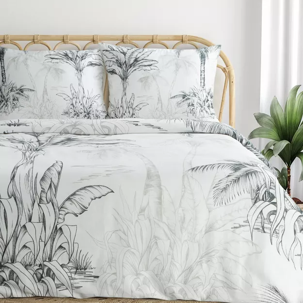 Pościel satynowa 140x200 SPRING 104 biała stalowa z wzorem bananowców z kolekcji Classic
