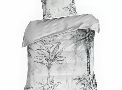 Pościel satynowa 140x200 SPRING 104 biała stalowa z wzorem bananowców z kolekcji Classic