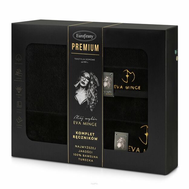Komplet Ręczników GAJA 3 Eva Minge czarne z welwetową bordiurą sygnowaną logo projektantki