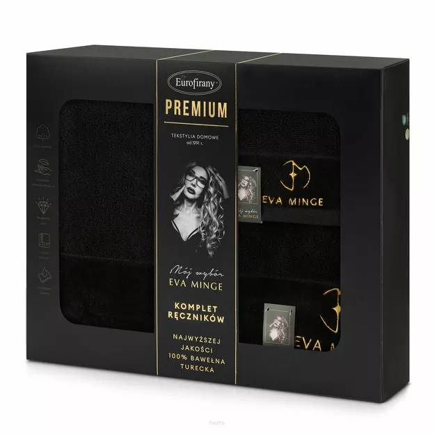 Komplet ręczników GAJA 3 Eva Minge czarne z welwetową bordiurą sygnowaną logo projektantki