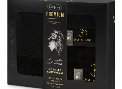 Komplet ręczników GAJA 3 Eva Minge czarne z welwetową bordiurą sygnowaną logo projektantki