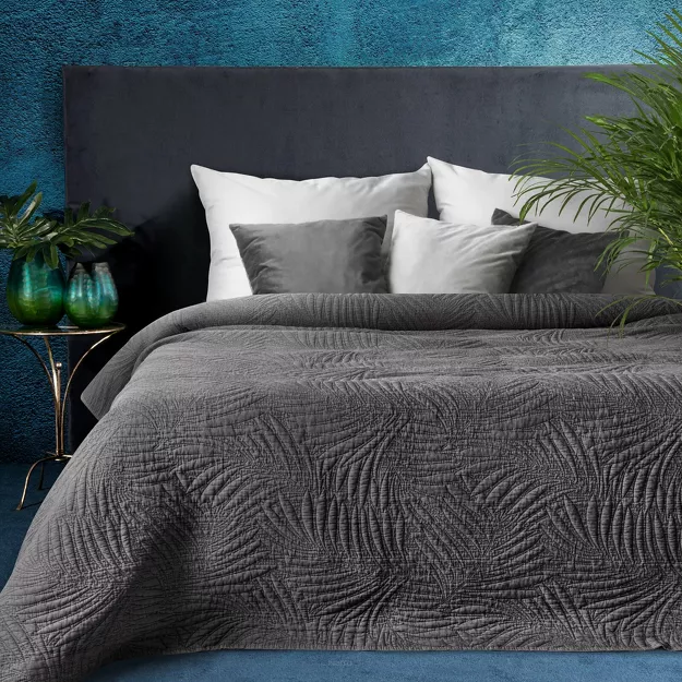 Narzuta pikowana 170x210 STONE 1 stalowa pikowana modnym wzorem paproci