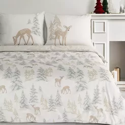 Pościel świąteczna 220x200 FAWN biało beżowa wzór sarenek z bawełny renforce