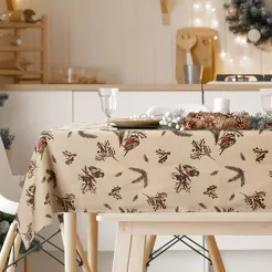 Obrus świąteczny 140x300 MELODY beżowo brązowy bawełniany w świąteczny wzór