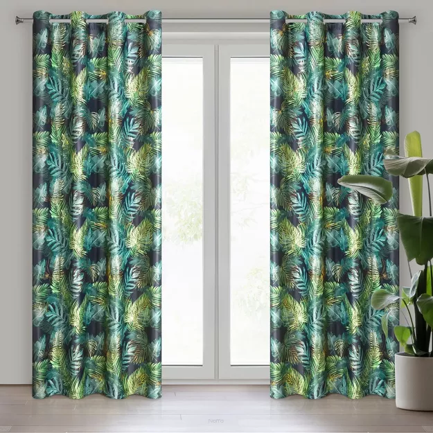 Zasłona na przelotkach 140x250 DAVOS welwetowa czarna ze złotym nadrukiem egzotycznych liści