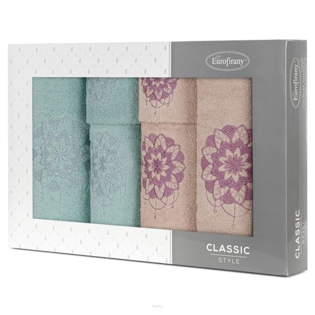 Komplet ręczników 6 szt. LOTUS pudrowe miętowe z haftowanym wzorem kwiatu lotosu w kartonowym pudełku