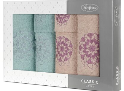 Komplet ręczników 6 szt. LOTUS pudrowe miętowe z haftowanym wzorem kwiatu lotosu w kartonowym pudełku