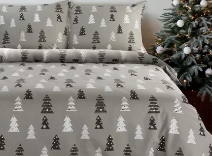 Pościel świąteczna 220x200 LENON stalowo biała wzór choinek z flaneli
