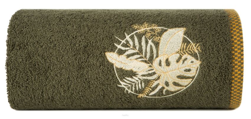 Ręcznik bawełniany 70x140 PALMS oliwkowy z wyhaftowanym złotym wzorem egzotycznych liści