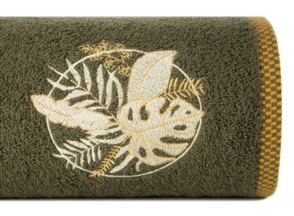 Ręcznik bawełniany 70x140 PALMS oliwkowy z wyhaftowanym złotym wzorem egzotycznych liści