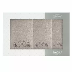 Komplet ręczników 3 szt. LILA beżowe z haftowanym brązowym wzorem kwiatowym w kartonowym pudełku