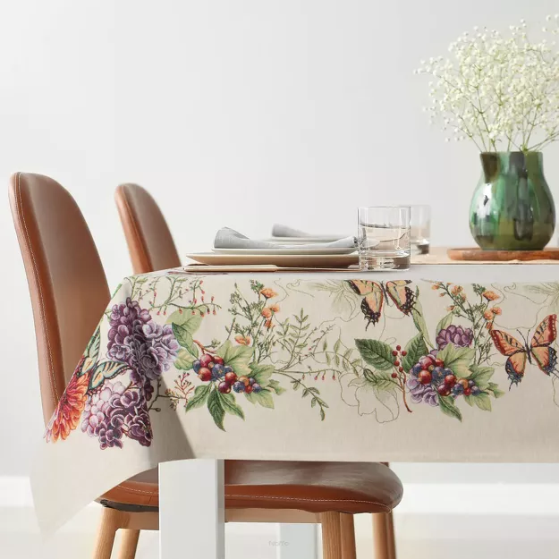 Obrus gobelinowy 140x180 SPRING naturalny czerwony z nadrukiem letnich kwiatów i motyli