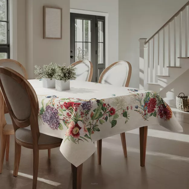 Obrus gobelinowy 140x180 SPRING naturalny czerwony z nadrukiem letnich kwiatów i motyli